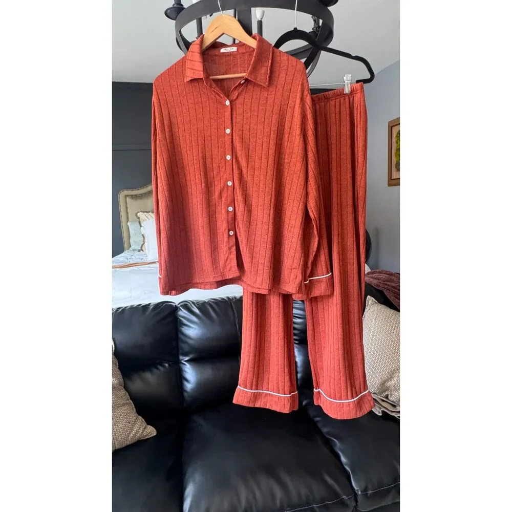 Ekouaer Women's XL Ribbed Knit Pajama Set Rust Orange